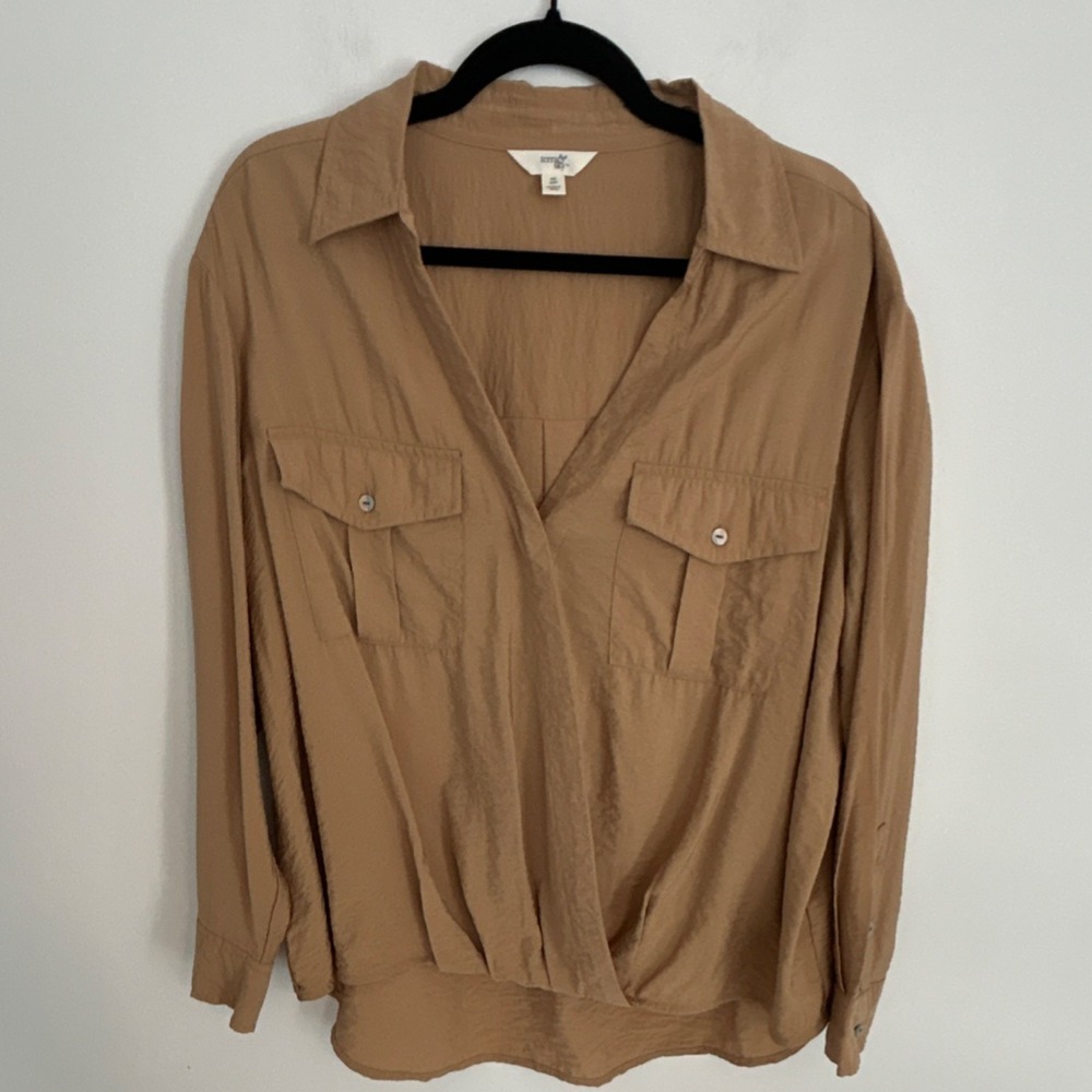 Terra & Sky Beige Collared Button Long Sleeve Blouse 0X Plus Women's